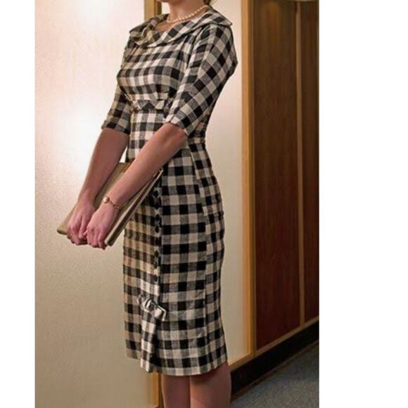 Vintage Brown and Black Herringbone Dress Fitted with Pleated Hem 50s size S-M - Picture 7 of 7